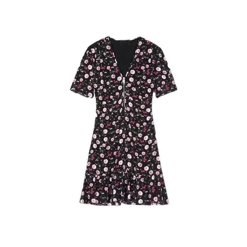 

Mini Dress for Women 2024 New Spring Summer Printed V-neck Slim Sweet Short Puff Sleeve Robes