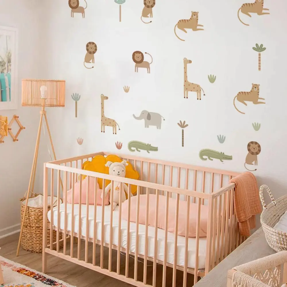 Cute Cartoon Safari Animals Lion Giraffe Elephant Nursery Wall Stickers for Kids Rooms Living Room Decor Wall Decals Wallpaper