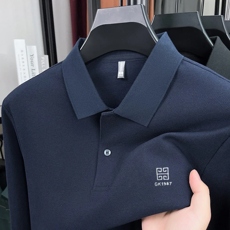 

100% Pure Cotton Men's Polo Long Sleeve Autumn Spring Business Casual Golf Breathable Comfort fit High-end Top Exquisite Pattern