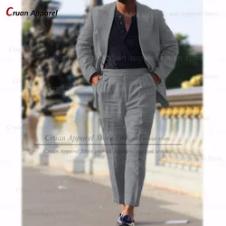 Custom Men Gray Linen Suit Set Summer Beach Holiday Casual Blazer Pants 2 Pieces Formal Activities Classic Slim Fit Male Outfits