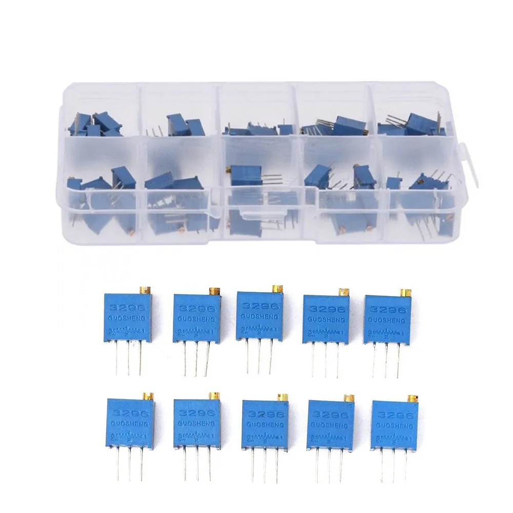 

50Pcs 3296W Multiturn Trimmer Potentiometer Kit High Precision 3296 Variable Resistor 100R 200R 500R 1K 2K 5K 10K 20K 50K 100K