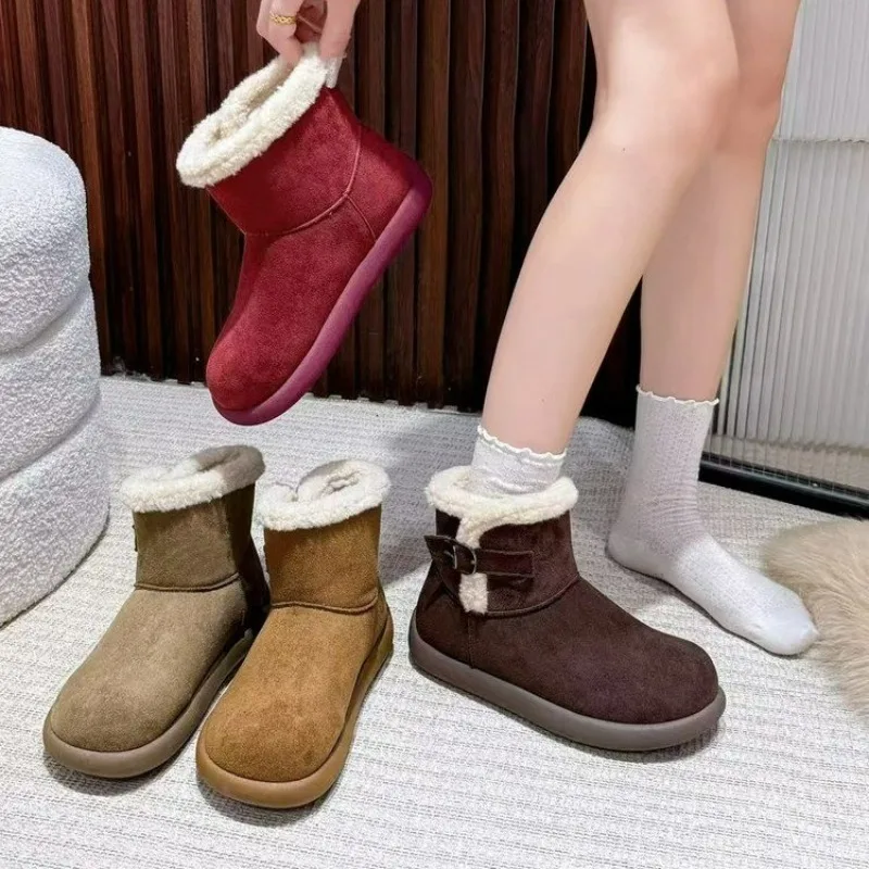 

Зимние зимние сапоги, женские нескользящие ботинки на плоской подошве с круглым носком и замшевыми рукавами, на мягкой флисовой подошве