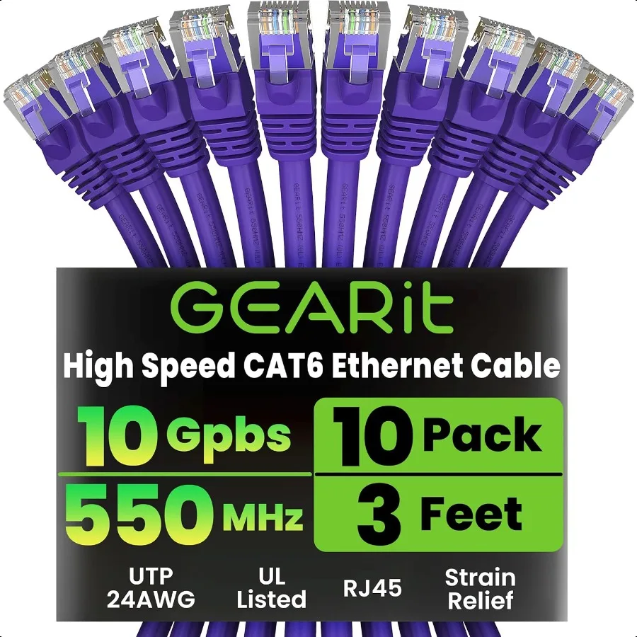 

Ethernet-кабель Cat 6, 10 шт., 3 фута, сетевой патч Cat6, 10 Гбит/с, шнур Snagl RJ45, позолоченные разъемы для Интернета для ПК, ТВ, планшета Ro