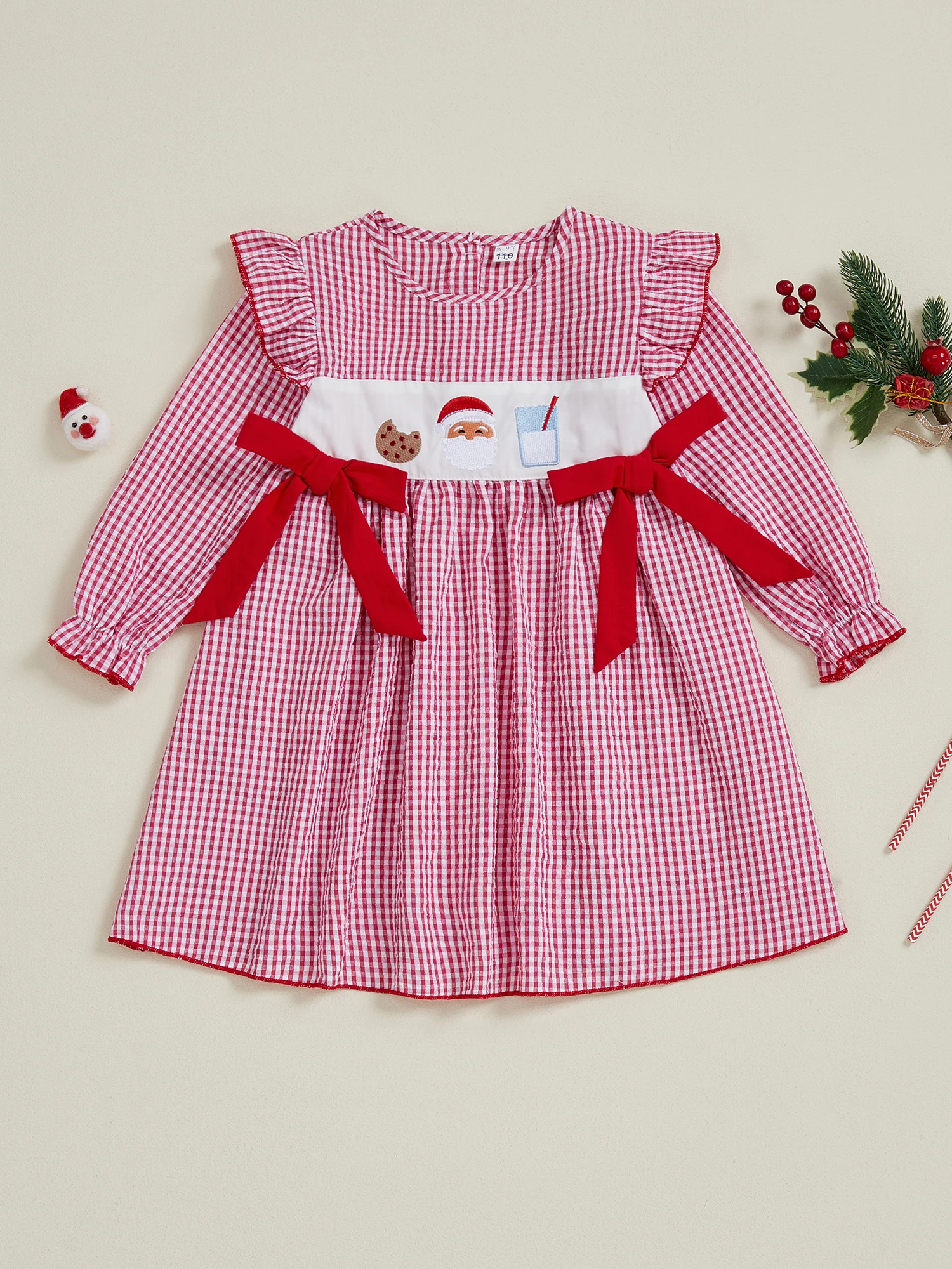 

Платье в клетку для маленьких девочек, рождественское платье Санта-Клауса с вышивкой и длинными рукавами-пузырьками и рюшами