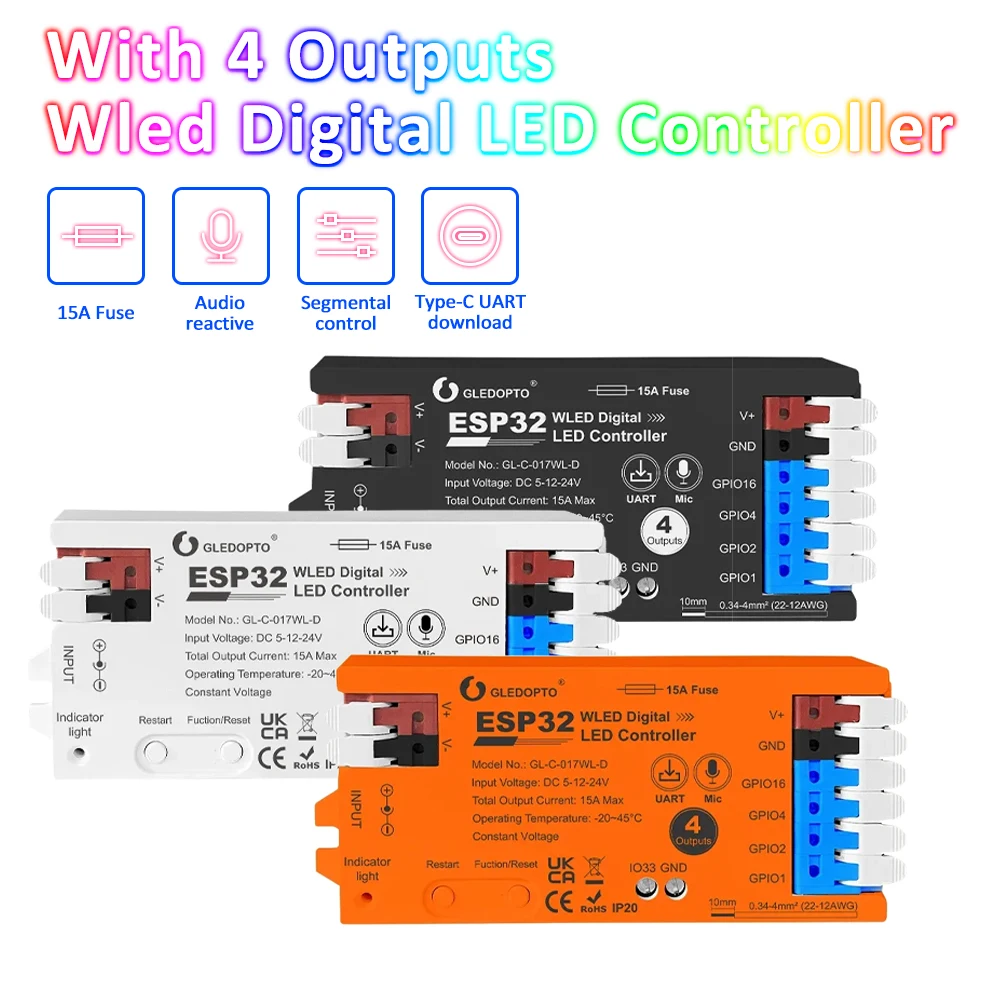 GL-C-017WL-D ESP32 WLED Controller 4 Channel Fuse Level Shifter UART Download DIY Dynamic Lighting Mode APP Voice Control 5-24V