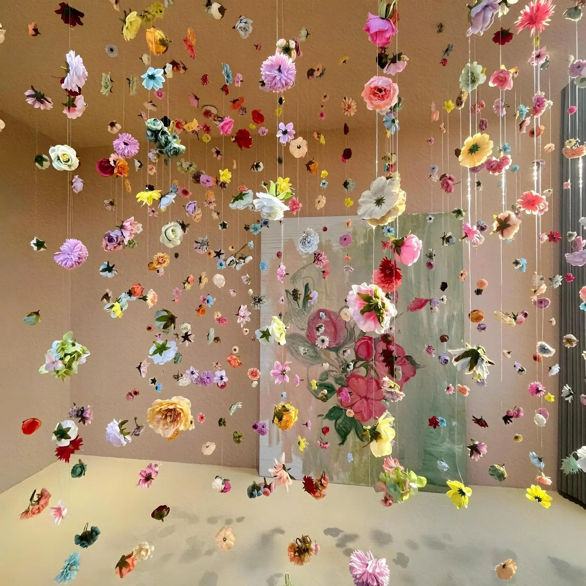 مجموعة واحدة، ستائر باب على شكل زهرة صناعية - زخارف معلقة على شكل زهور، مشهد شلال مياه الأمطار، مثالي لديكور الربيع والكريسماس