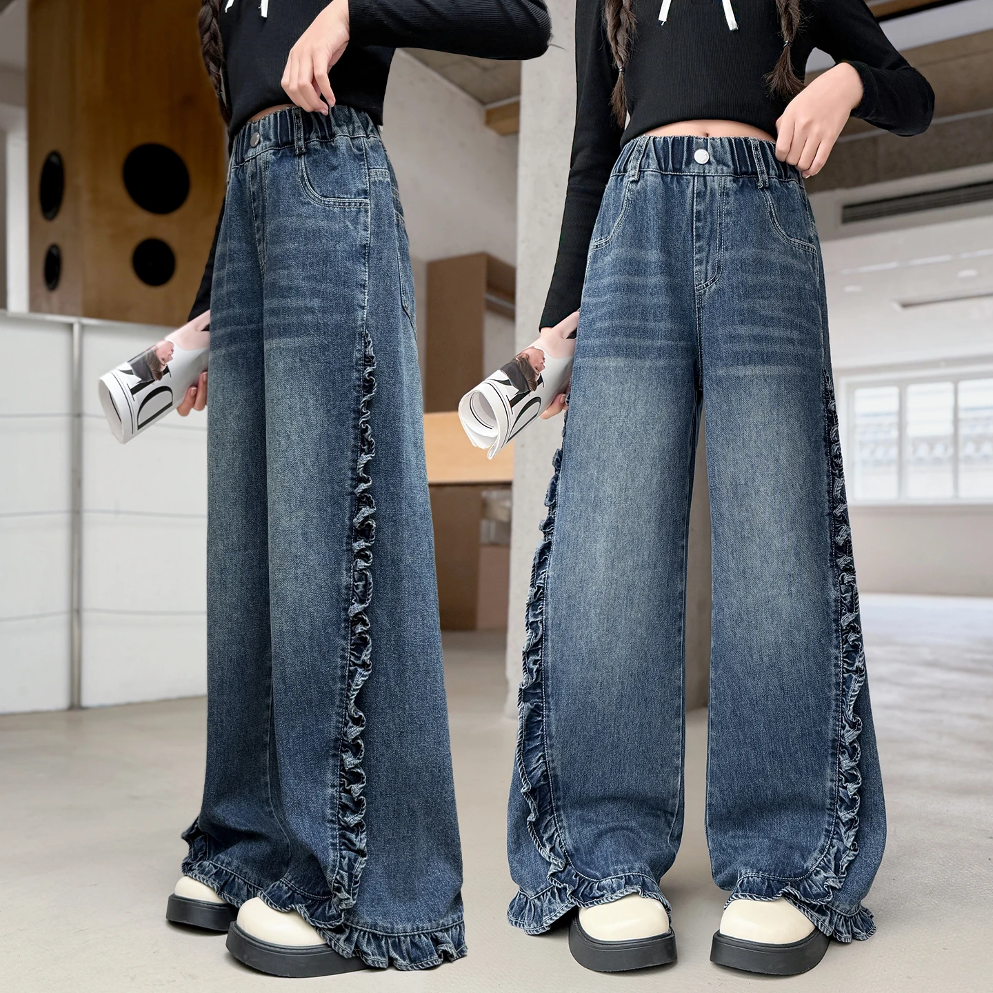 

Spring Autumn New Stylish Jeans with Ruffles for Tweens Girl High Fashion Street Denim Pants Kids Child Loose Straight Trousers