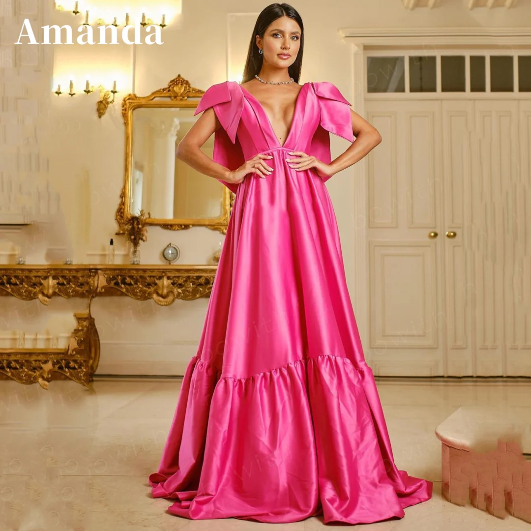 

Amanda Sexy Deep V-neck Puffy Prom Dress 2023 Elegant Bow On Shoulder Vestidos De Noche Puffy Fuchsia فساتين مناسبة رسمية