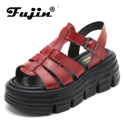 Fujin 6cm New Women Sandals Buckle Slides Cow Genuine Leather Summer Fashion Platform Wedge Luxury Females Comfy Ladies Shoes