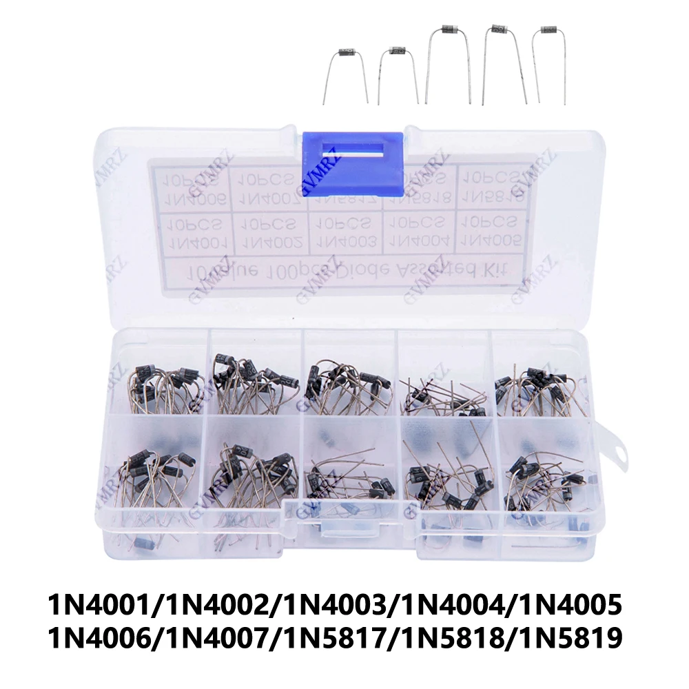 100Pcs 10 Values Rectifier Diode Assorted Kit 1N4001 1N4002 1N4003 1N4004 1N4005 1N4006 1N4007 with Box 1N5817 1N5818 1N5819