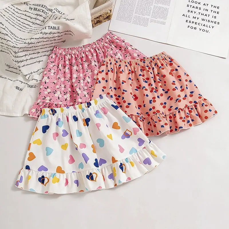 Kids Girls Floral Print Skirts 2025 New Children Summer Casual Chiffon Skirt Heart Print Cute Skirts Japanese Korean Style