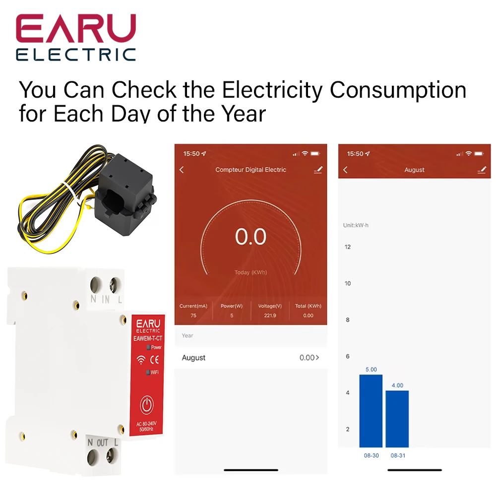63A WiFi KWh مقياس الطاقة Tuya AC 110V 230V إحصائيات المراقبة الحالية مع مشبك CT