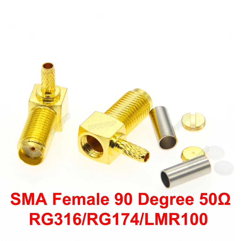 100PCS/lot Right Angle SMA Female Jack Connector Crimp RG174/RG316/LMR100 Cable Gold Plated SMA-K RF Connector 90° High Quality