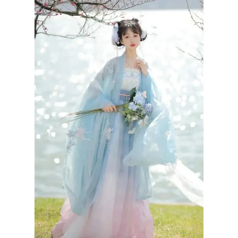 

Women's Fresh Hanfu Complete Set - Hezi Skirt with Wide Sleeve Blouse - Waist-High Chinese Elements Spring Summer New Fairy Styl