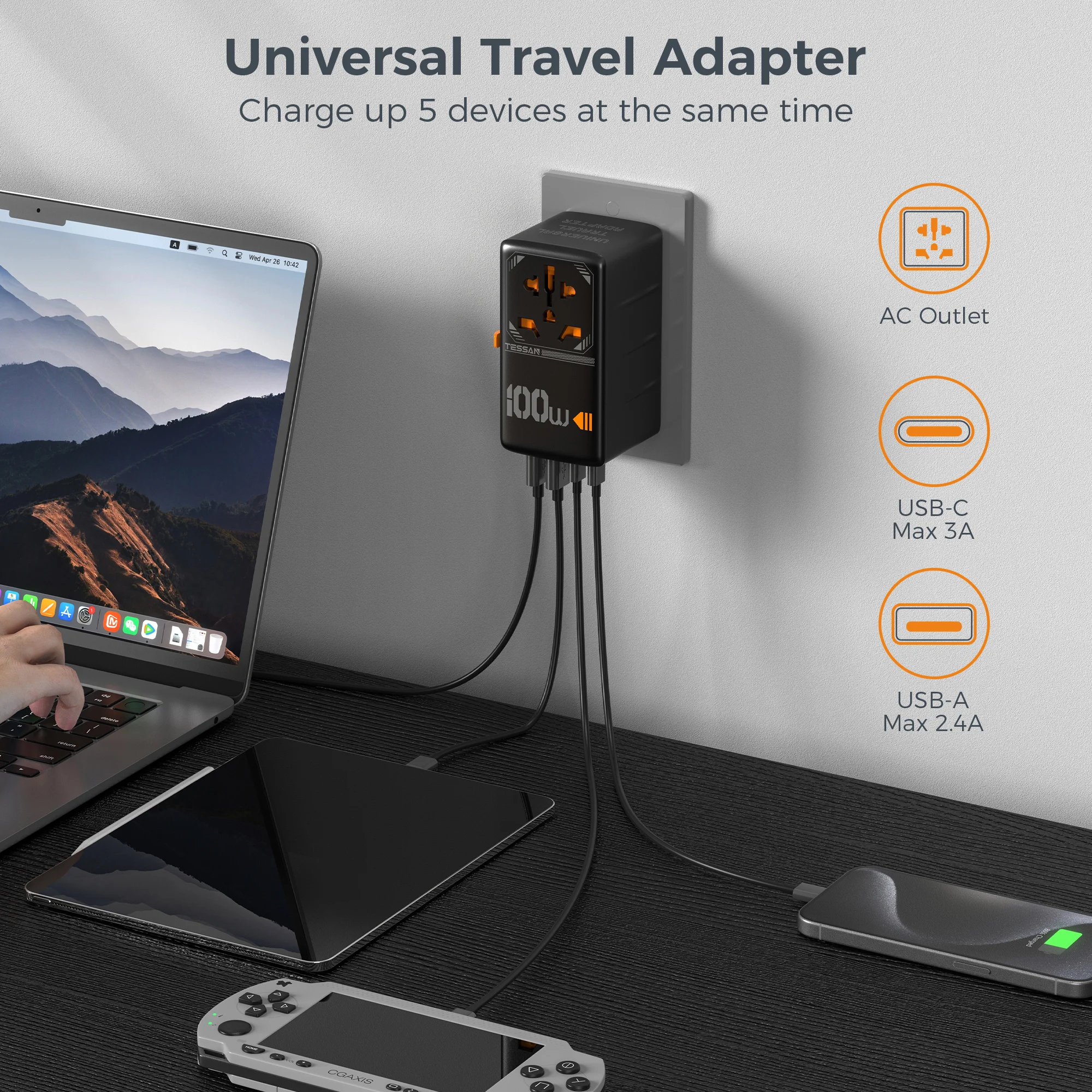 TESSAN Universal Travel Charger GaN Fast Charger Travel Adapter Wall Charge For US EU UK AUS Plug Fully Functional Charging