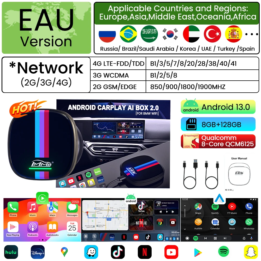MMB Smart Box Kabelloser Multimedia-Adapter für CarPlay Android13 AI Box 8+128G GPS BT5.2 QCM6125 8-Kern für BMW ID6 ID7 ID8 ID8.5 ID9