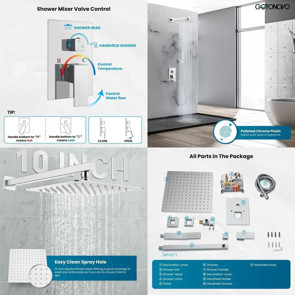 

10 Solid Brass Wall-Mounted Shower System with Rain and Handle, Polished Chrome Finish