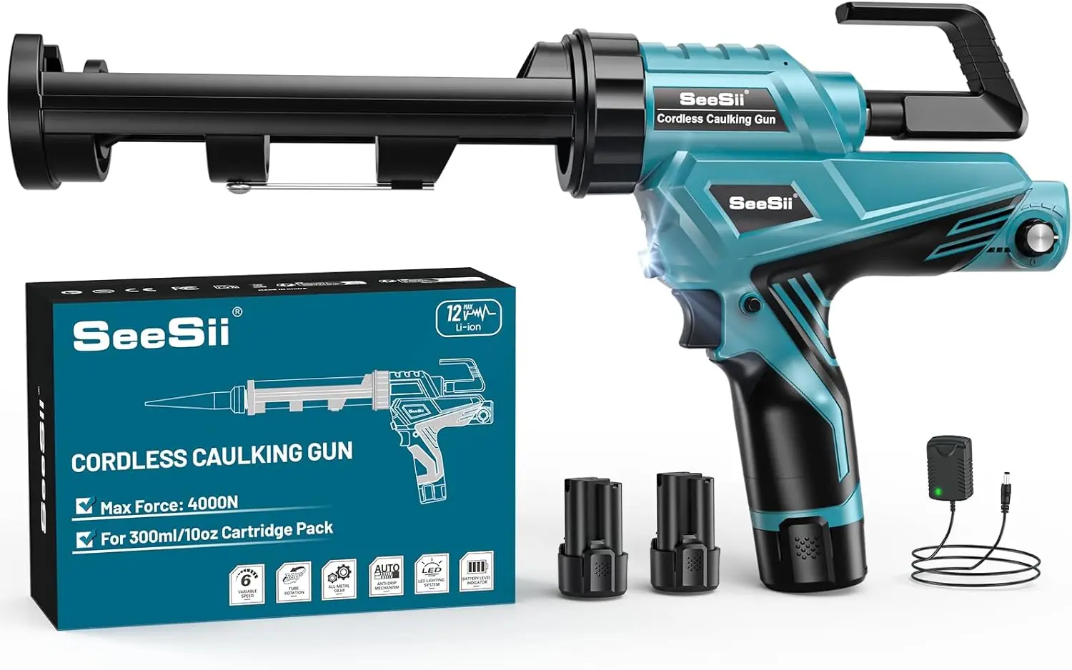 Pistola de calafateo eléctrica Seesii, pistola de calafateo inalámbrica de 10oz con 2x batería de 2000mAh, herramientas eléctricas de luz LED antigoteo de velocidad continua