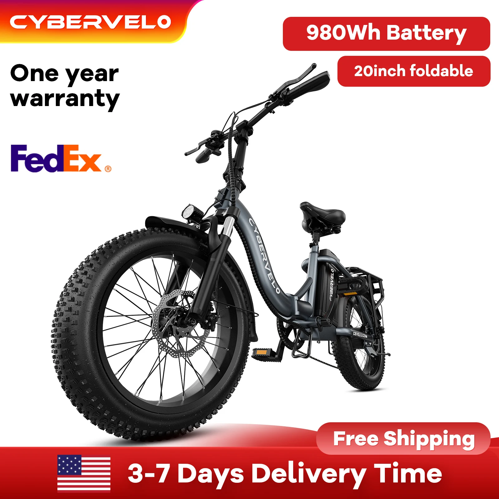 

Cybervelo MARS700 1000W 20AH Removable Battery, Folding Electric Bike, 30MPH 100 Miles Max Range E-Bike for Adults, 20" Fat Tire