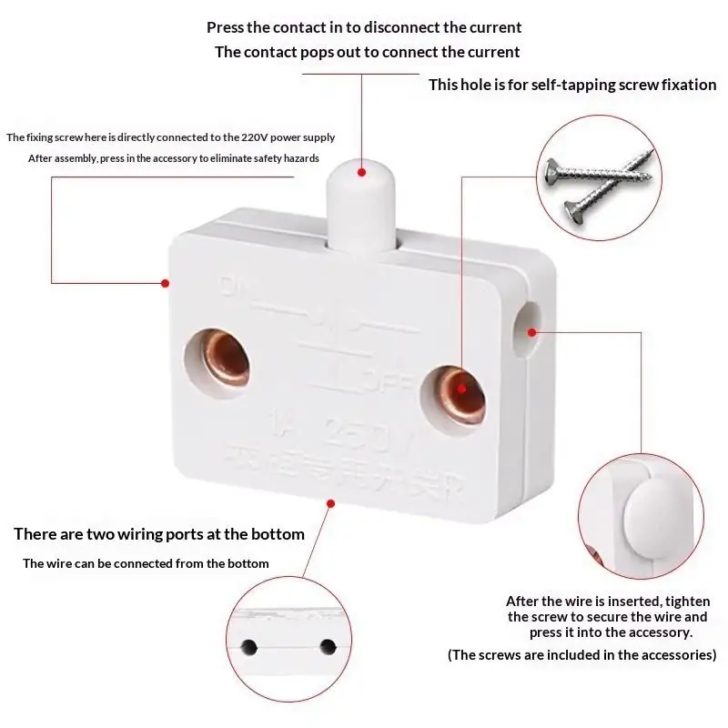 Automatic Reset Cabinet Light Switch Door Control Contact Switch Easy Mount Wardrobe Closet Lamp Trigger for Home Cabinetry
