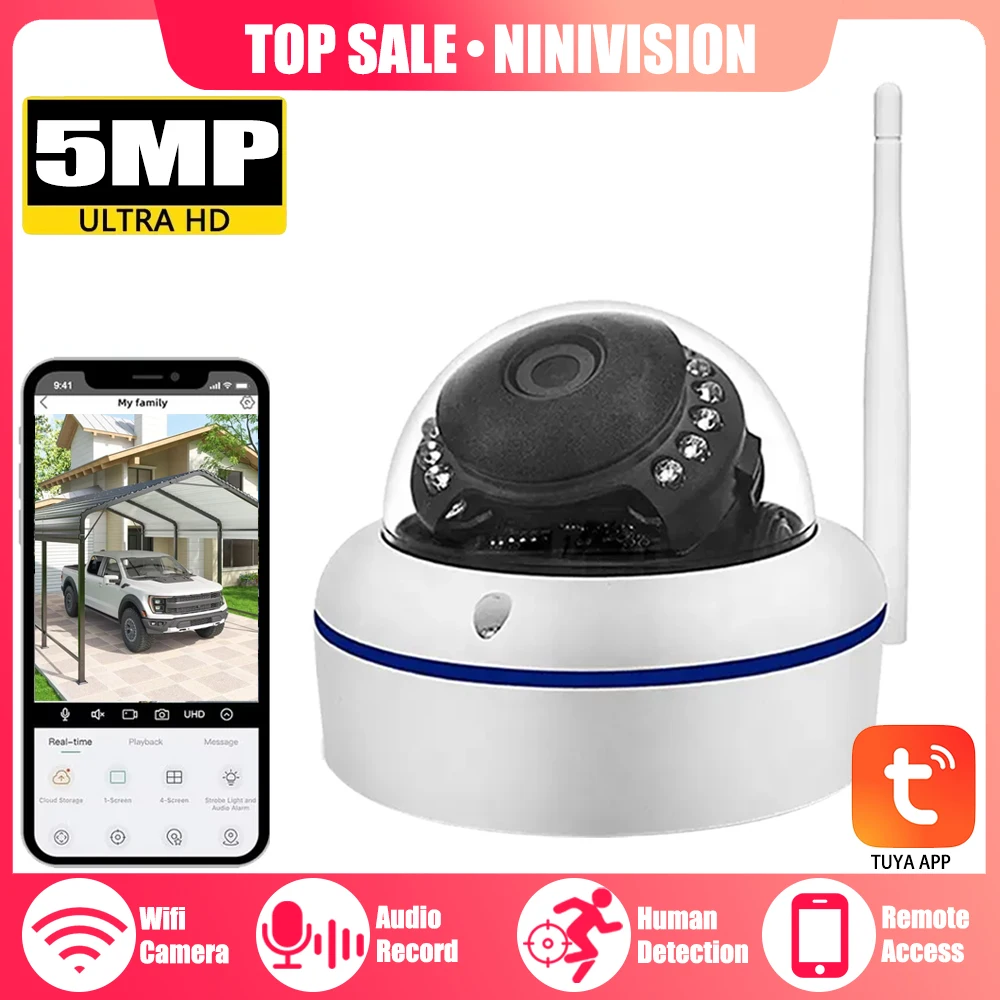 

5MP Wifi Dome IP Camera TUYA Wireless/Wired Camera Audio Record Email Alert Xmeye Cloud Vandal-proof Waterproof Outdoor Camera