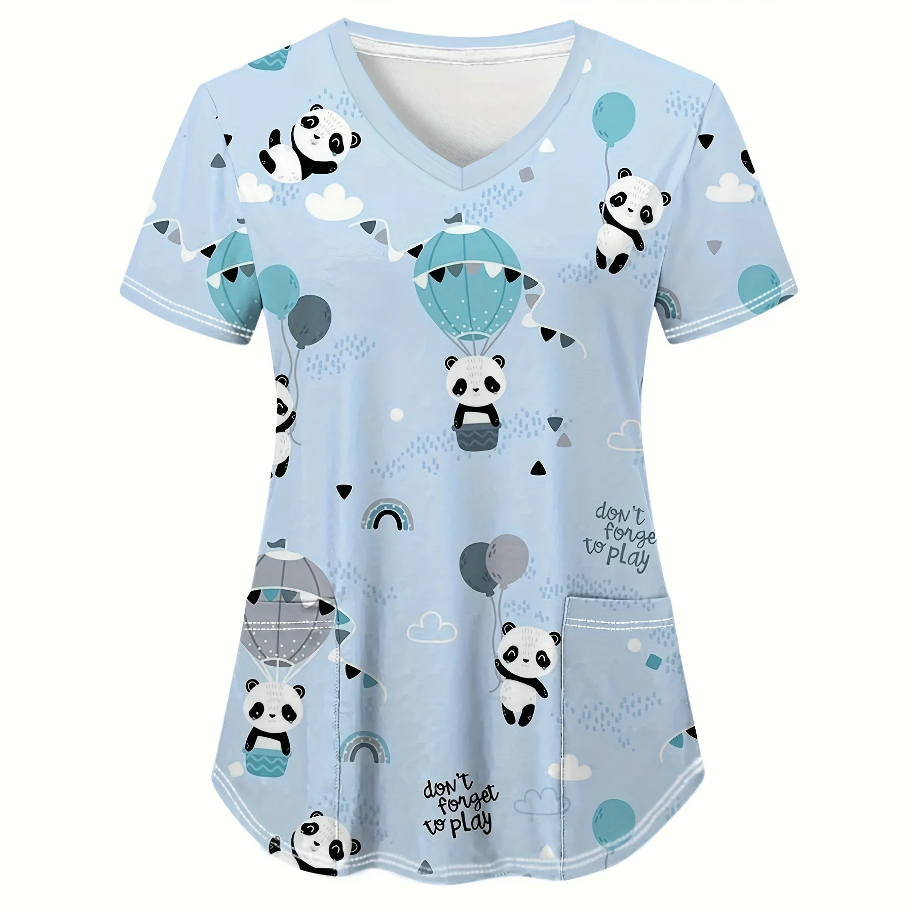 여성용 의료 유니폼 귀여운 팬더 만화 프린트 헬스케어 간호사 상의 V넥 반팔 포켓 티셔츠 임상 유니폼