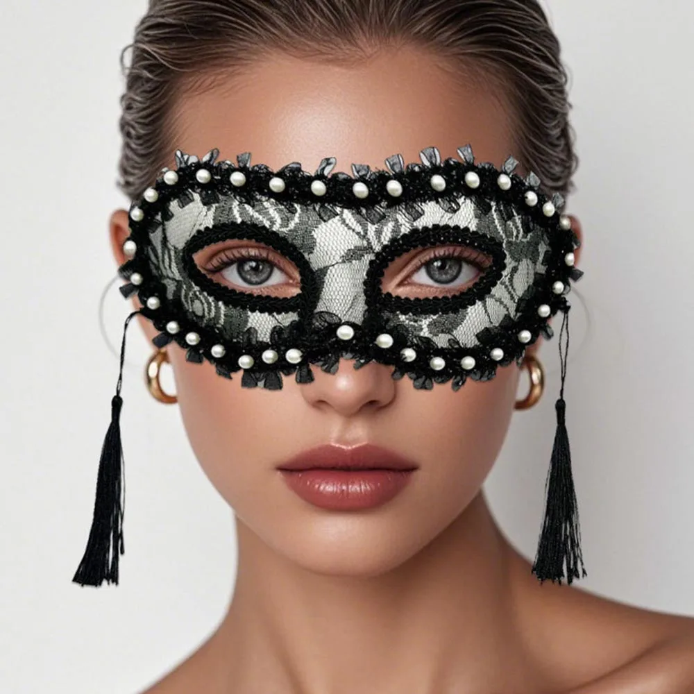 Masque demi-visage en dentelle pour femmes, Sexy, reine, perle, pompon, fête de danse, carnaval, mascarade d'halloween, accessoires de décoration Cosplay