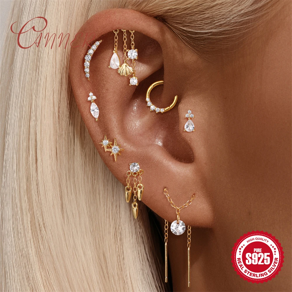 

Canner 925 Sterling Silver Geometric Tassel Chain/Star Piercing Stud Earring For Woman 18K Gold Earring Jewelry Gift For her