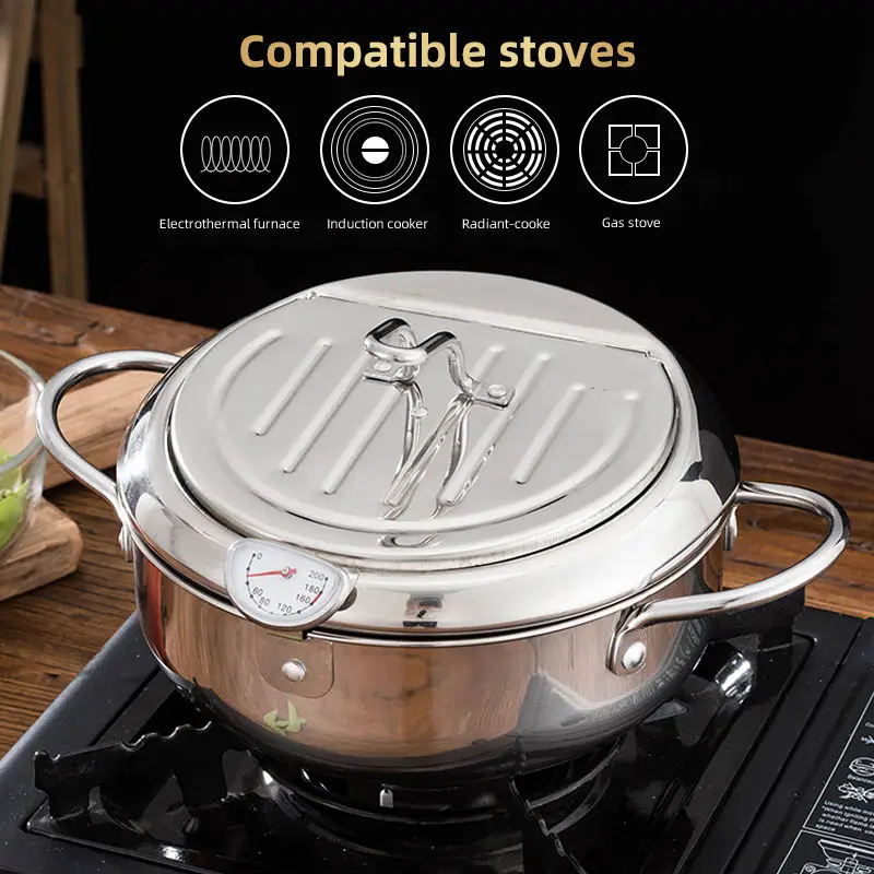 Japanese Deep Fryer With Thermometer and Lid 304 Stainless Steel Kitchen Tempura Fryer Pan Fryer Without Oil Frying Pan Fryer