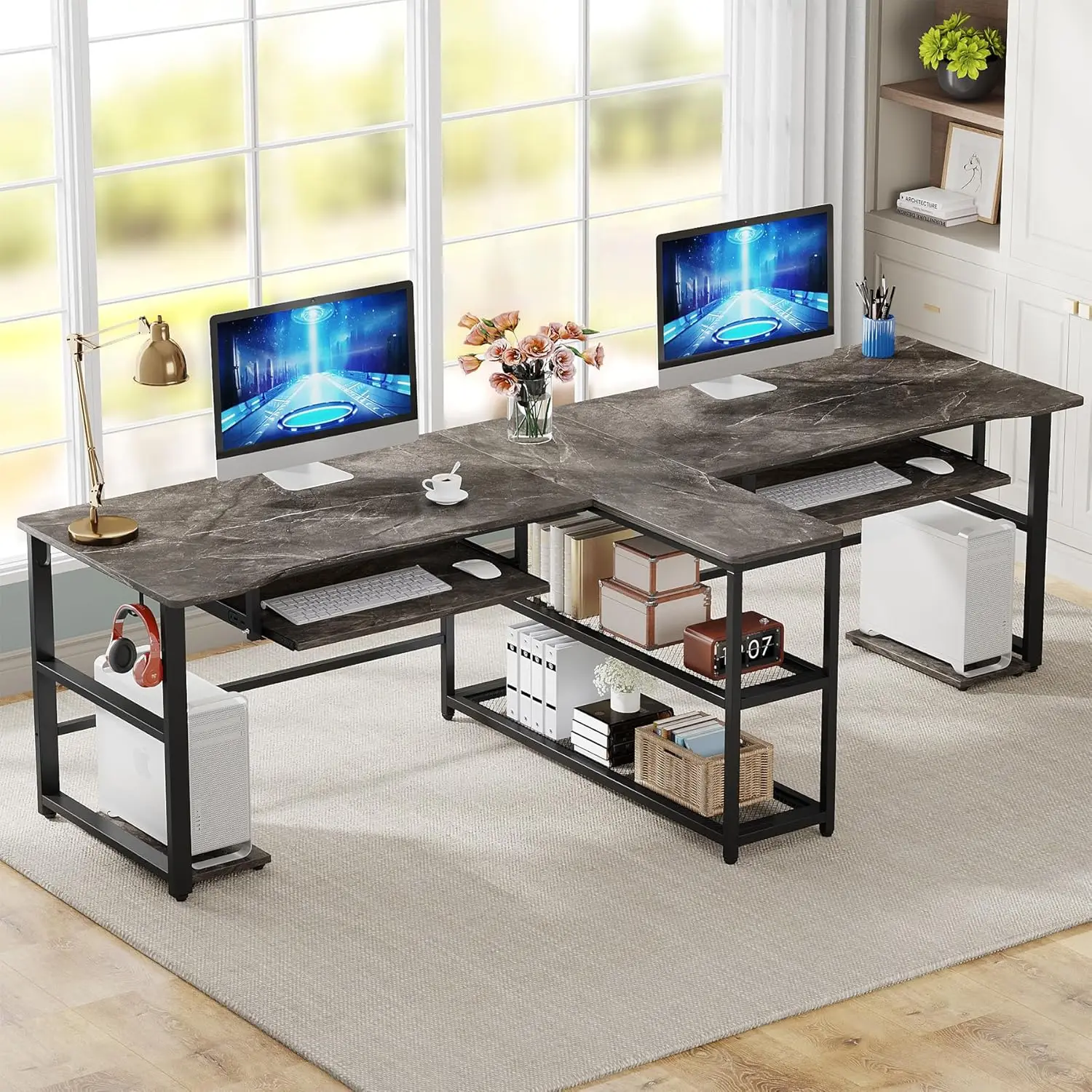 

Tribesigns 94.5 inch Two Person Desk with Keyboard Tray, Extra Long Home Office Desk with Storage Shelves and Hooks desk table