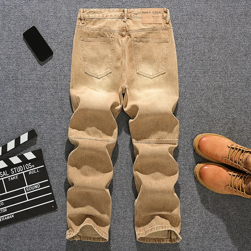 Retro kaki jeans heren losse rechte pijpen trendy straat high-end herenkleding modieuze broek met wijde pijpen