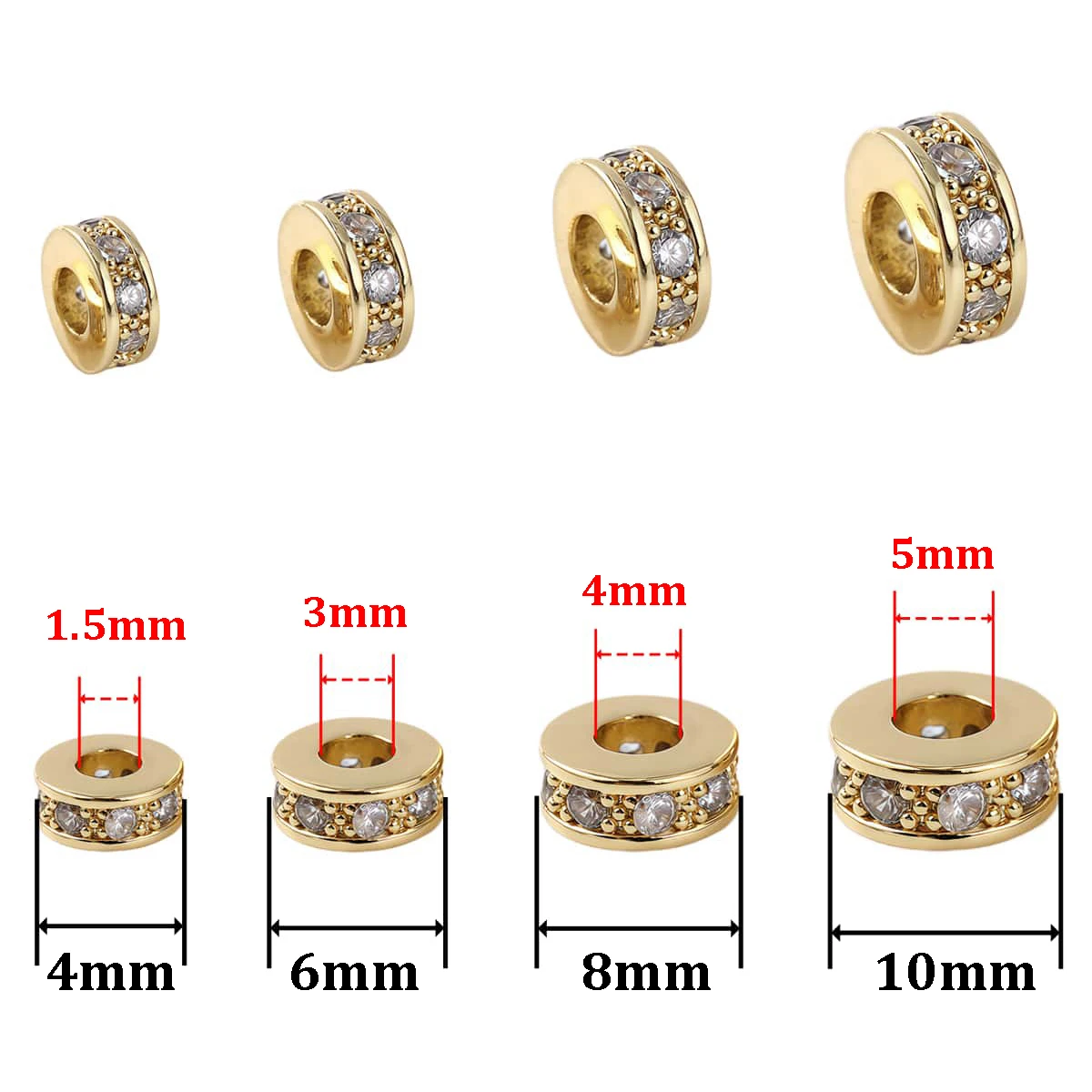 3Pcs Brass Paved Zircon Spacer Bead Rhinestone Loose Bead for DIY Charms Necklace Bracelet Jewelry Making Accessories 4/6/8/10mm