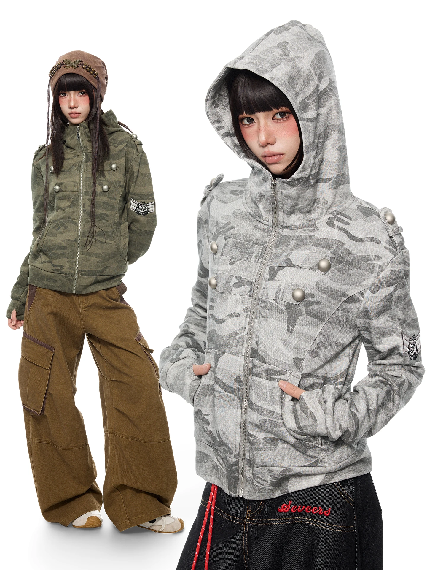 K787 Camouflage Napoleon American Workwear round Button Stand Collar Hoodie Jacket Men Women Pilot Sweatshirt Jacket
