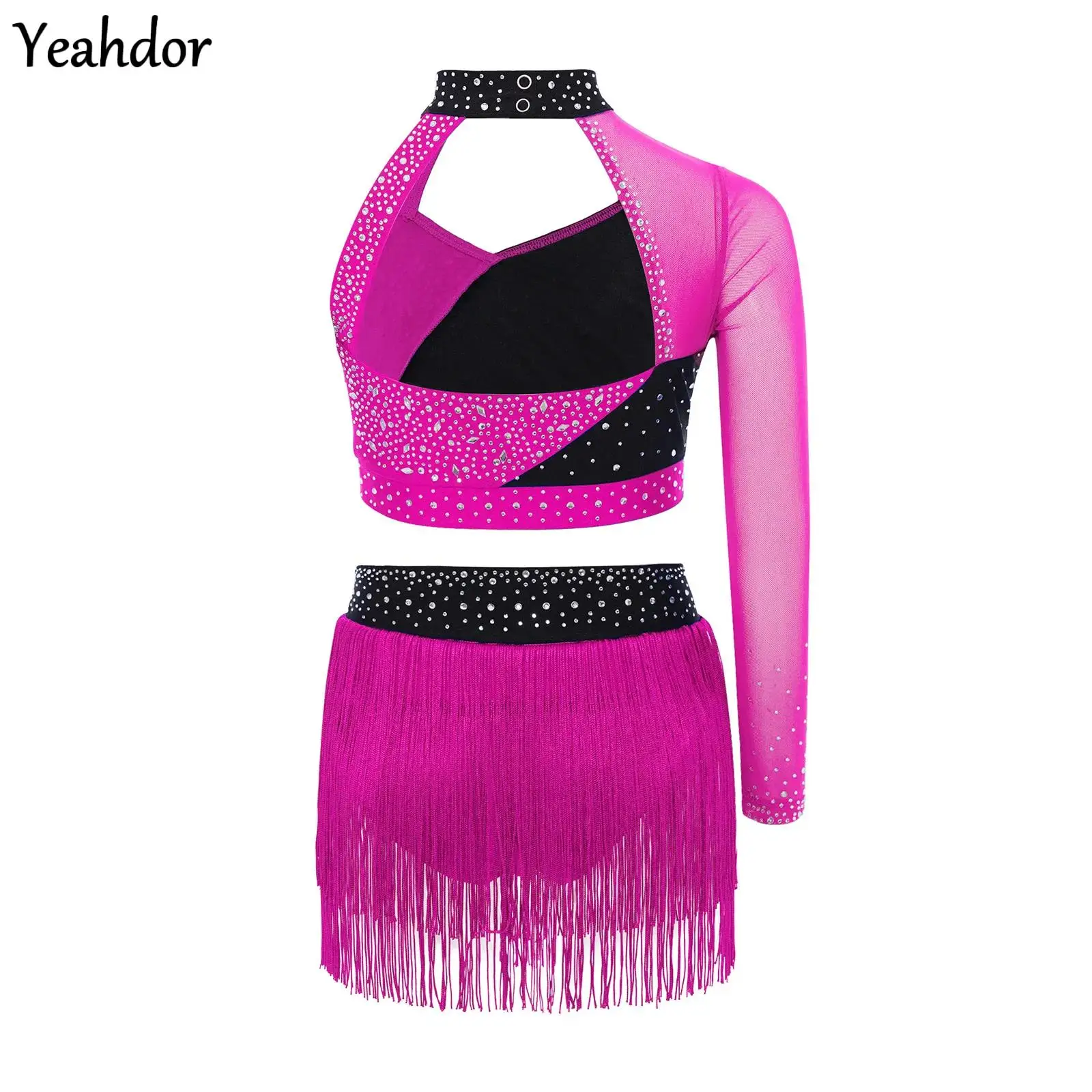 

Girls Latin Dance Outfit One Shoulder Sleeve Sheer Mesh Rhinestones Crop Top +Tassel Briefs Skirt Lyrical Ballet Dance Costumes
