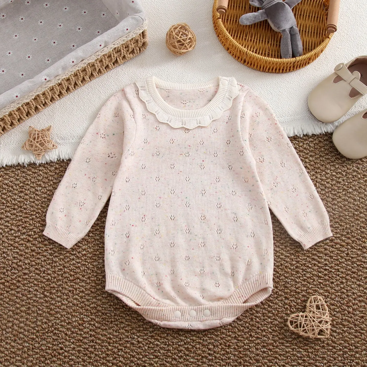 2026 New Girls' Sweater Spring and Autumn Knitted Bag Fart Jacket with Hollowed Out Lace Collar Baby Jumpsuit Rompers