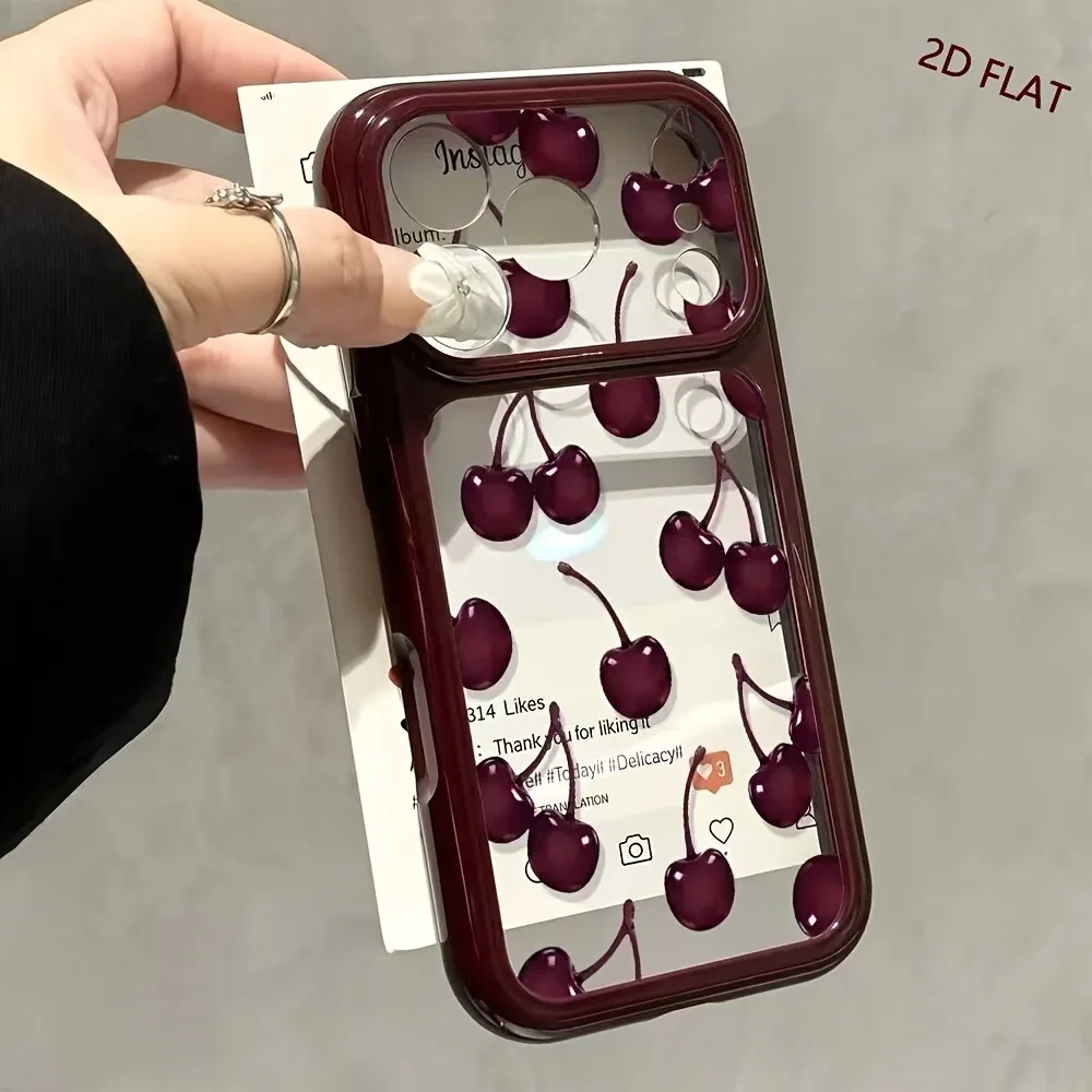 2D FLAT Burgundy Cherry Pattern Phone Case For iPhone 18 17 16 15 14 13 12 11 Pro Max 16Plus Transparent Shockproof Bumper Cover