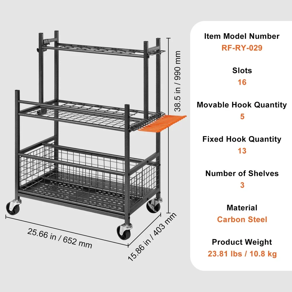 

Garden Tool Storage Rack with Wheels 16 Slots Adjustable Hooks Garage Organizer Efficient Space Saver Carbon Steel Design