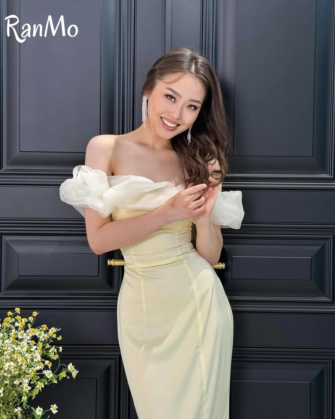 Ranmo 2025 Индивидуальные желтые атласные вечерние платья Саудовской Аравии Вечернее платье без бретелек с русалкой, классическое платье с открытыми плечами 2025