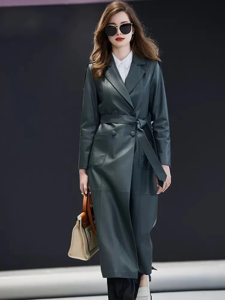 New Fashion Office Ladies Long Double Breasted Belted Genuine Leather Jacket Women Autumn 100% Sheepskin Windbreaker Trench Coat