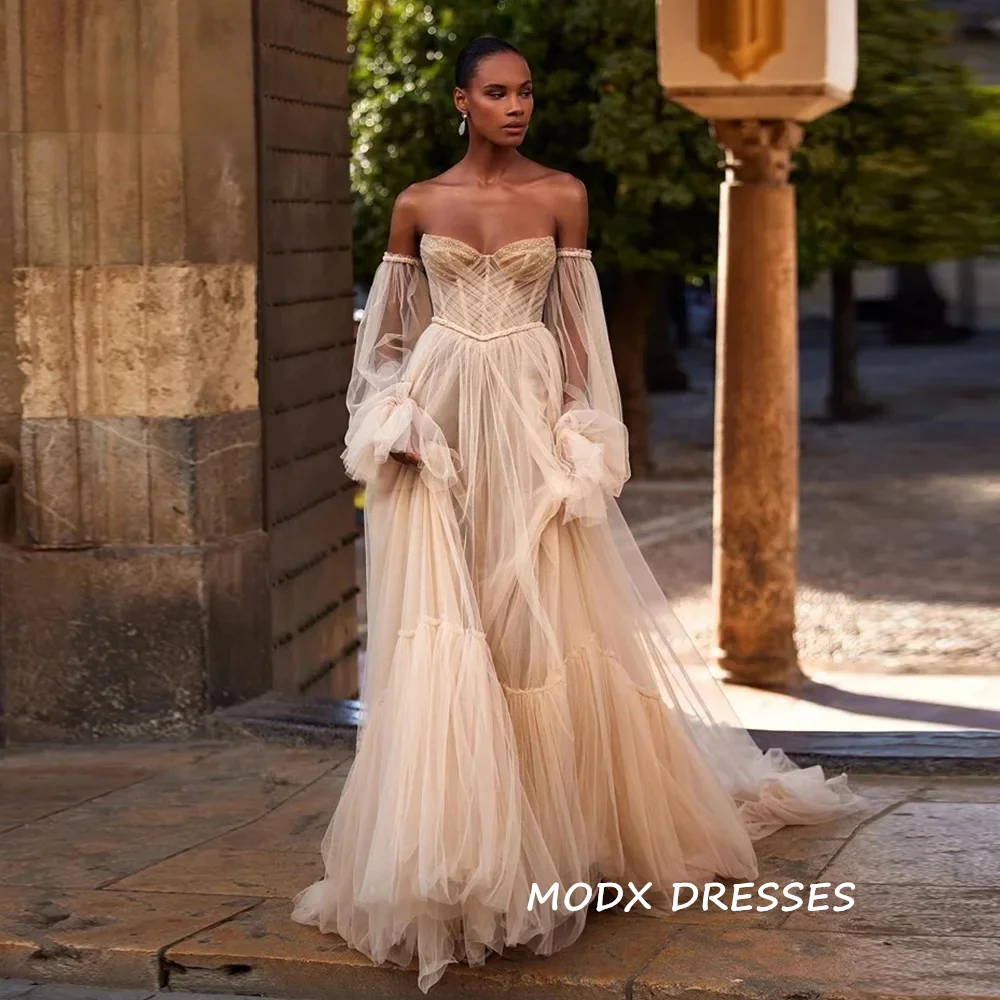 MODX Champagne Boho Wedding Dresses Customized Puff Sleeves Corset Beads Sweetheart Bride Dress Chic Beach Bridal Gown for Women