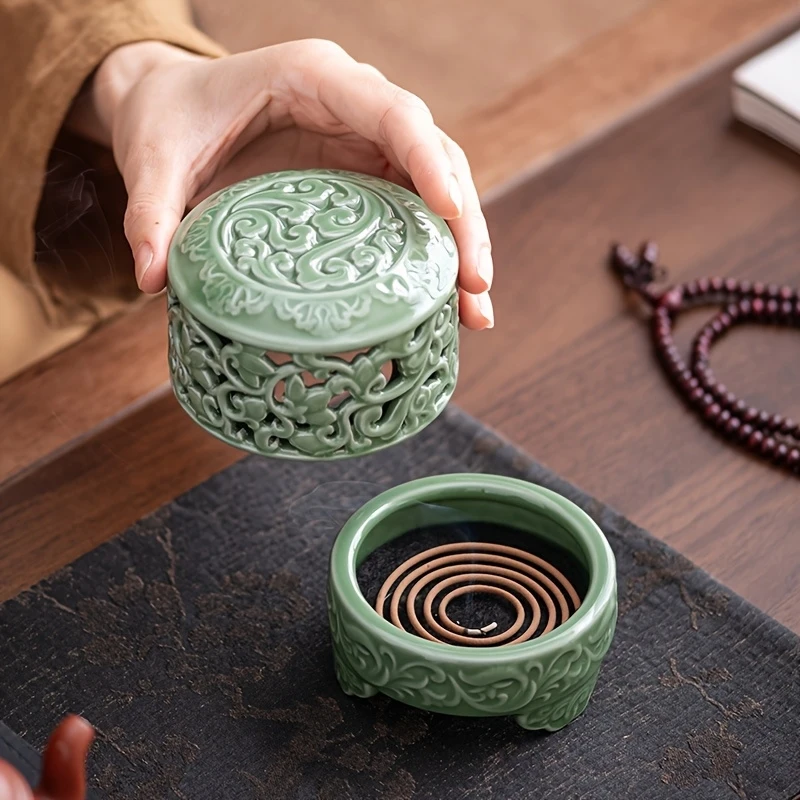 1 Set Chinese Style Lotus Incense Burner Yue Kiln Plum Blossom Ceramic Censer for Home Office Indoor Incense Stick Cone Aromat