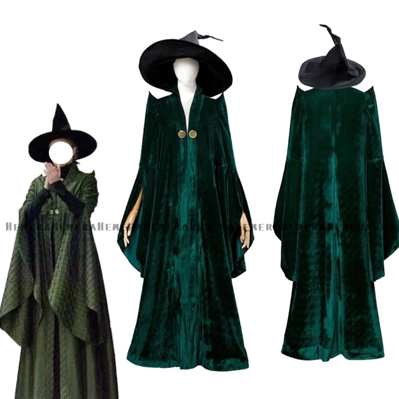 

McGonagall Professor Cosplay High Quality Professor Costume Dress Green Cape Velvet Cloak Hat Halloween Carnival Women Costume