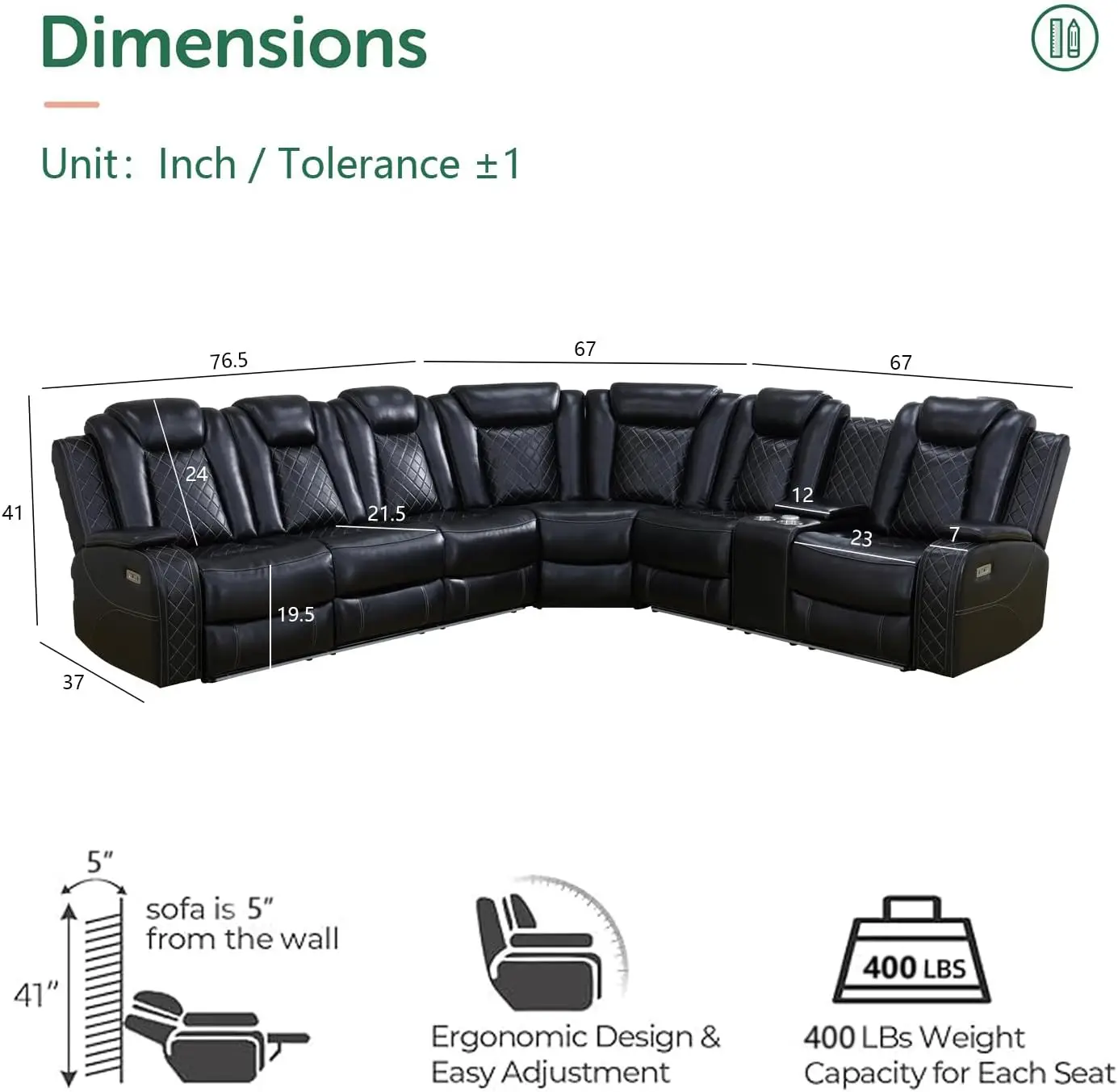 Power Recliner Sectional Sofa Couches with LED Light for Living Room, Faux Leather Reclining Corner Couch Sets , USB, Black