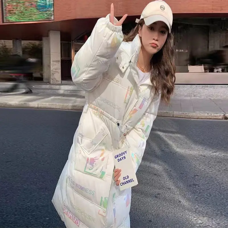 

Women Coat Printing Pearl Bright Surface Dazzling Color Thickened Three Anti Wash Down Cotton Garment Over The Knee Long Clothin