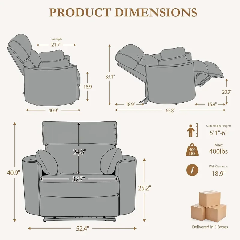 450lbs Oversized Power Recliner Chair for Big and Tall Adults 52 Extra Wide Electric Recliner with USB and Type C Ports