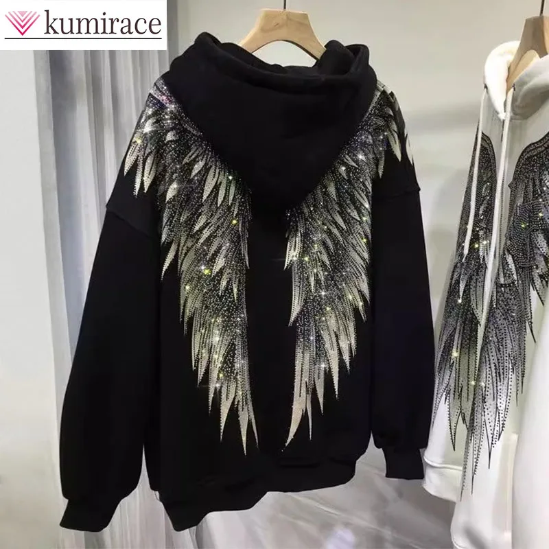 

Large Size Heavy Industry Hot Stamping Light Luxury Front and Rear Wings Hooded Long Sleeved Fleece Jacket Hoodiecoat for Women