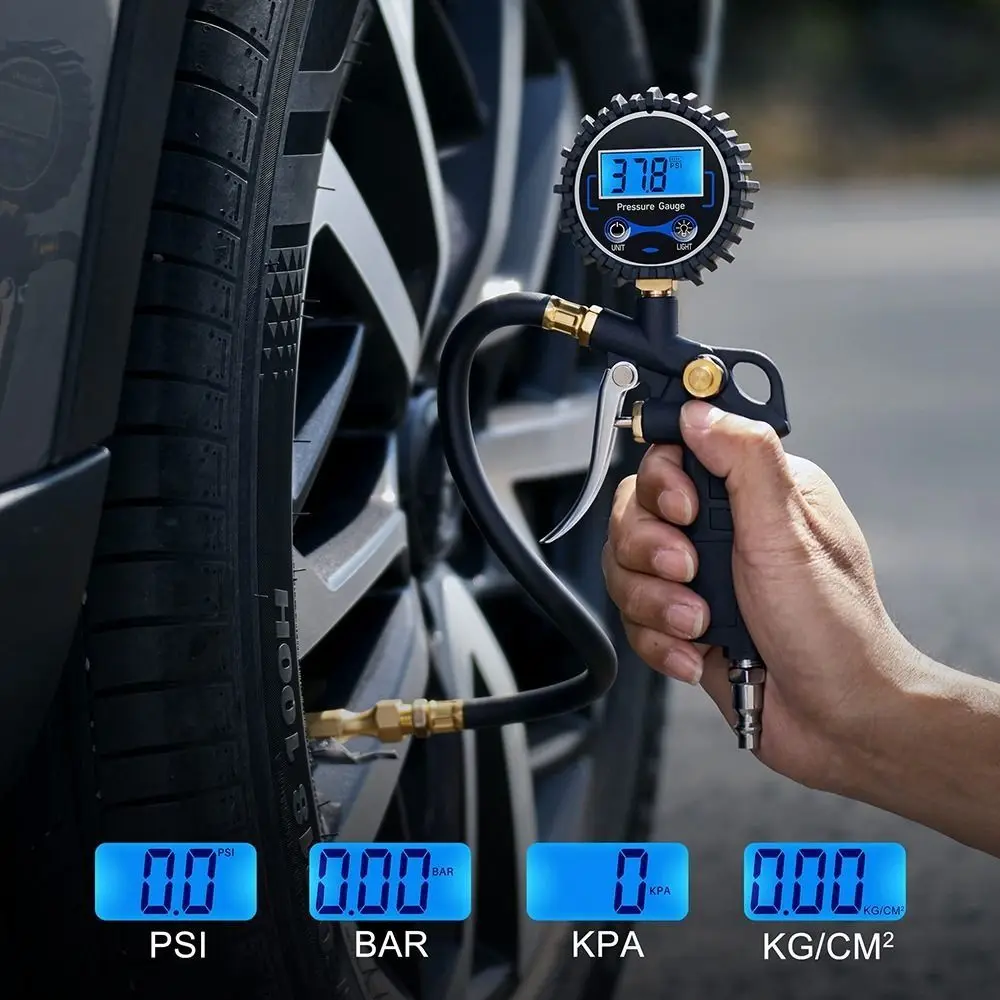 250 PSI Air Chuck Digital Tire Pressure Gauge 0.1 Display Resolution Rubber Hose Auto Tire Inflator with Quick Connect Coupler