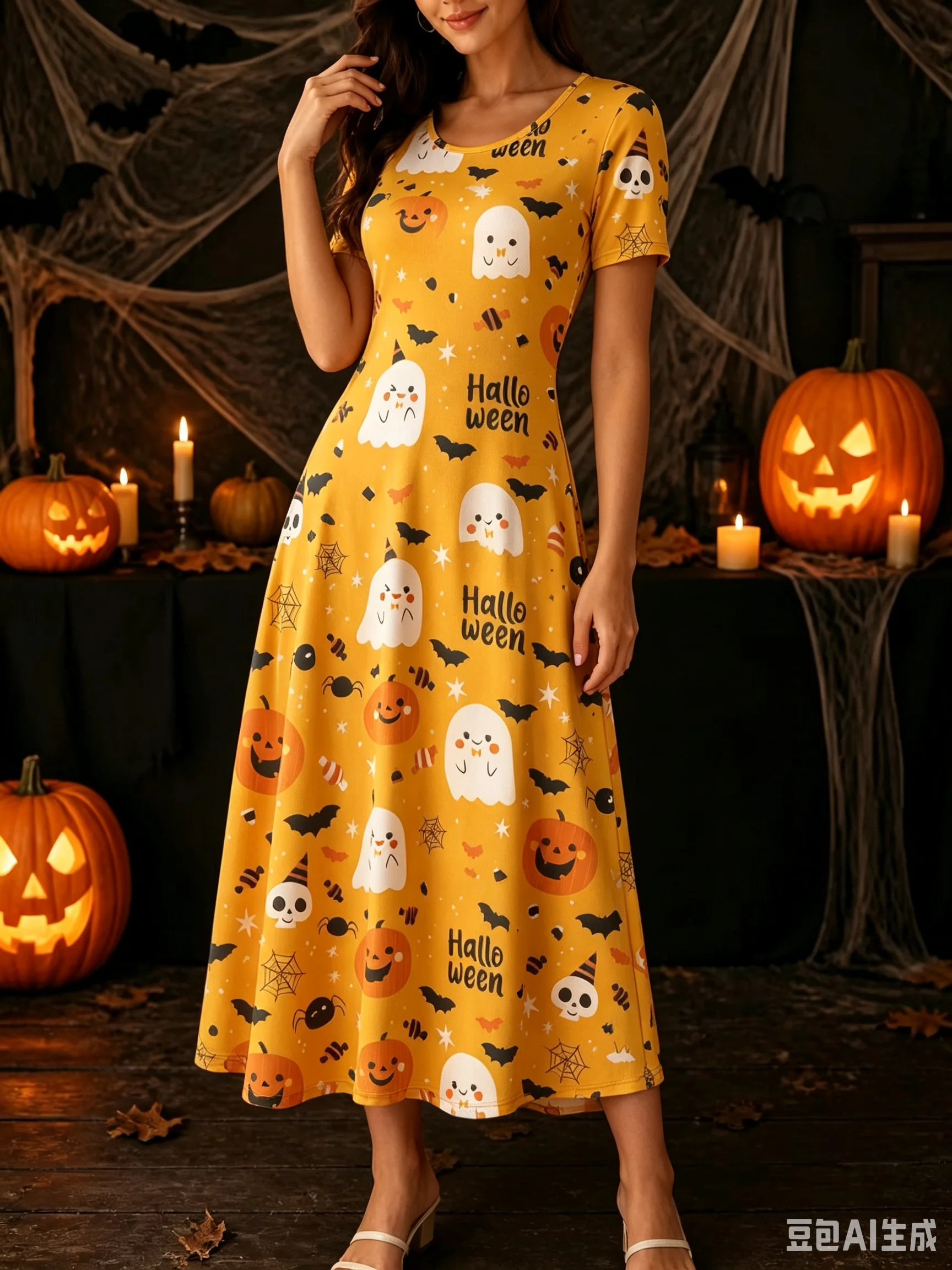 Women Halloween Maxi Dress Yellow Cute Ghost Pumpkin Bat Spider Web Print Long Sleeve Round Neck A Line Dress Autumn Holiday Par