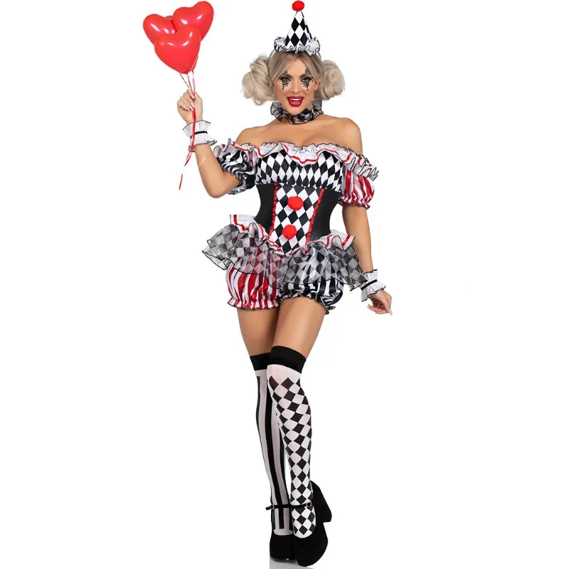 Women Clown Cosplay Costume Circus Performance Outfit Role Play Uniform Halloween Party Carnival Jester Dress Theater Stage Suit
