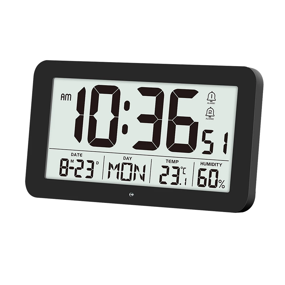 Battery Powered Digital Wall Clock TEMP Humidity Date Week 2 Alarm Night Vision 12/24H Auto Dimmable DST Snooze LCD Table Clock